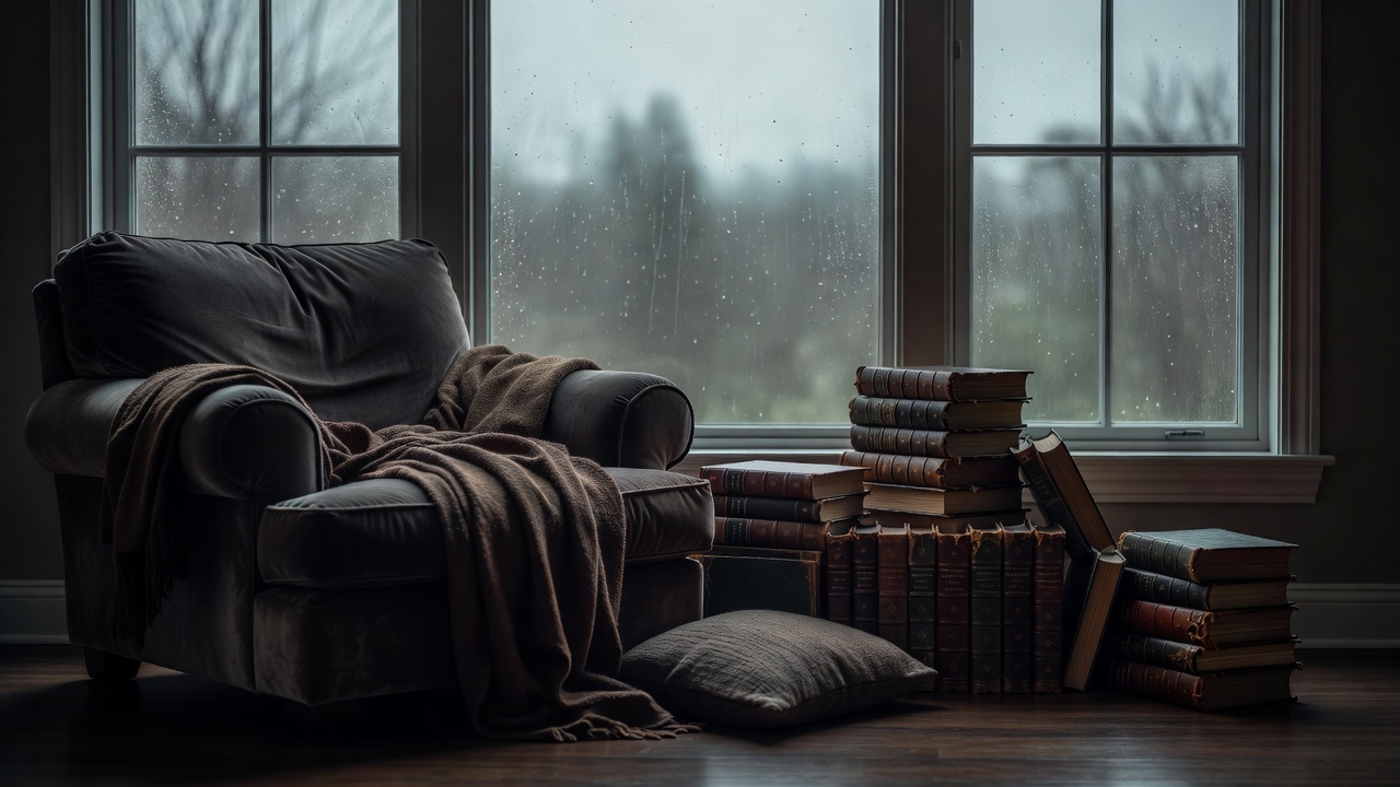 Classic leather bound novel placed near rainy window nook
