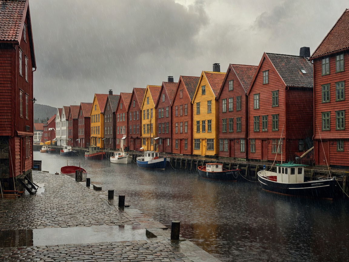 Bergen Norway rainy wooden harbor houses