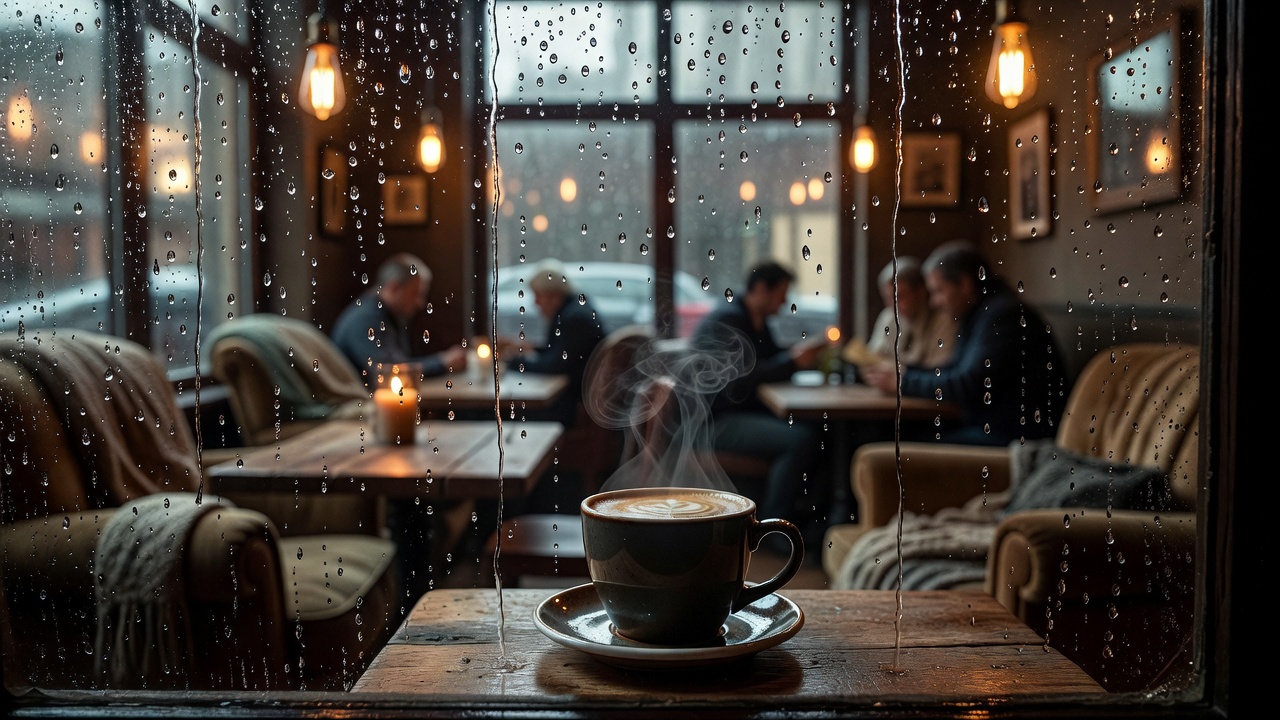 Cozy café window with raindrops on glass and hot coffee