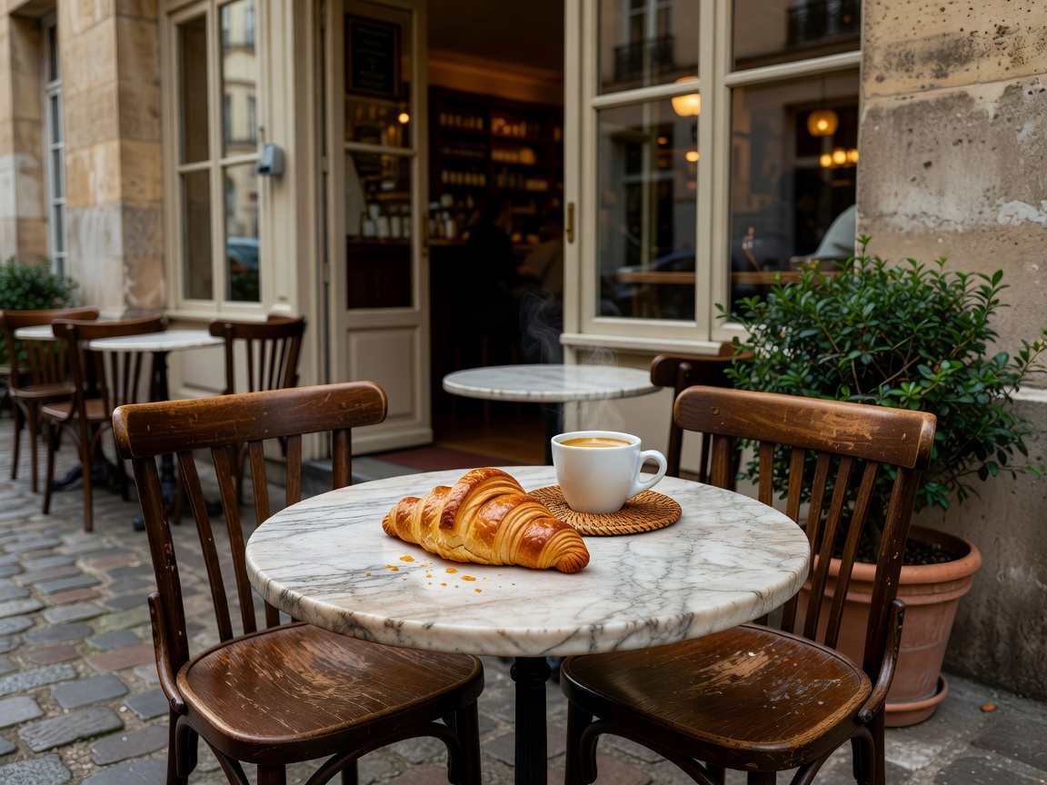 Cozy Parisian café table with coffee and croisant