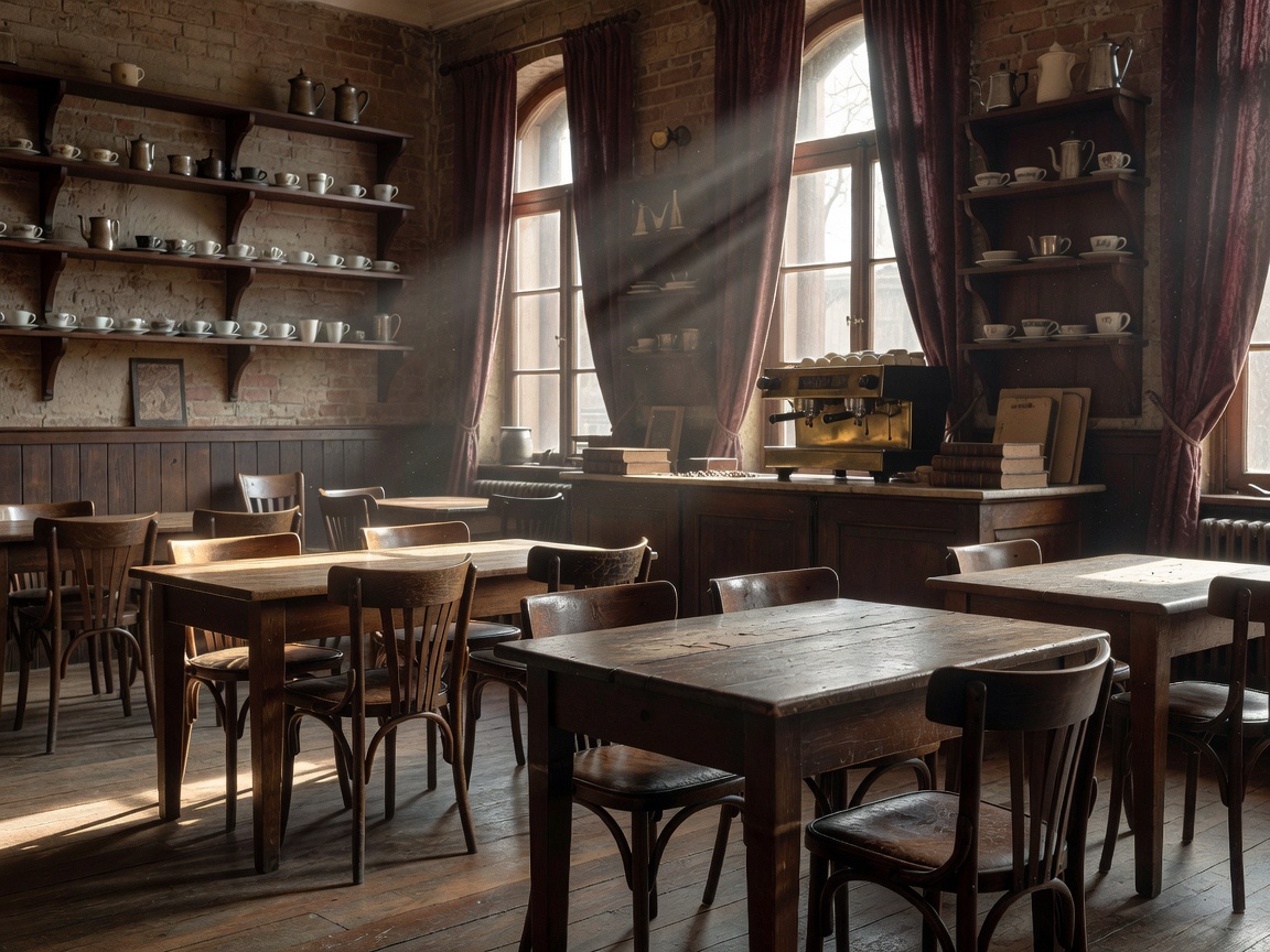 Interior of an antique coffee shop with wooden tables