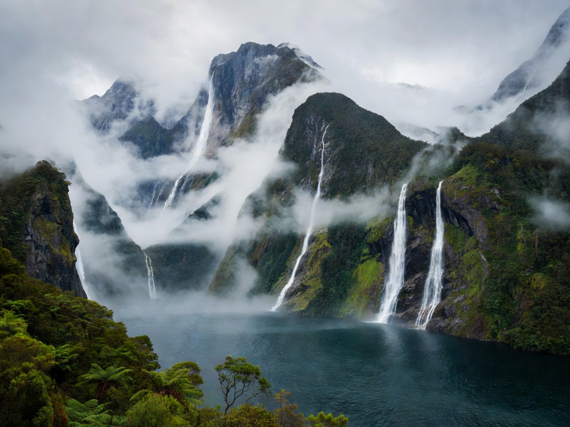 Milford Sound New Zealand misty waterfalls and fjord