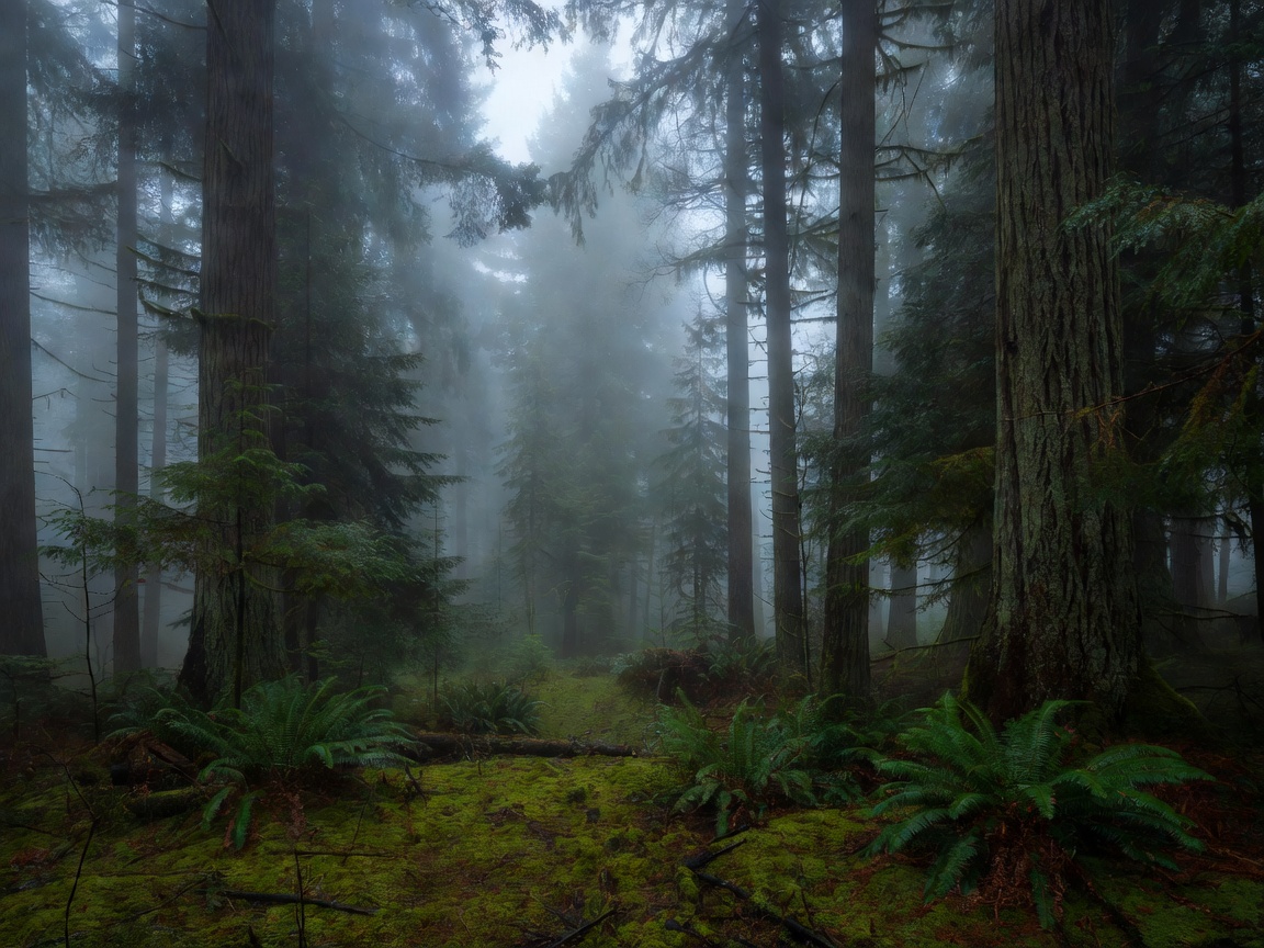 Misty pine forest in Pacific Northwest