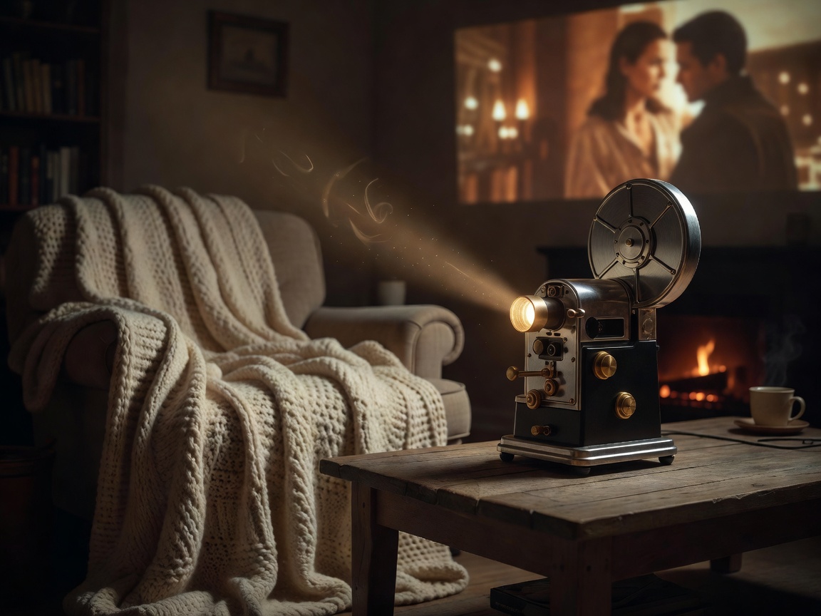 Movie projector and cozy blanket setup