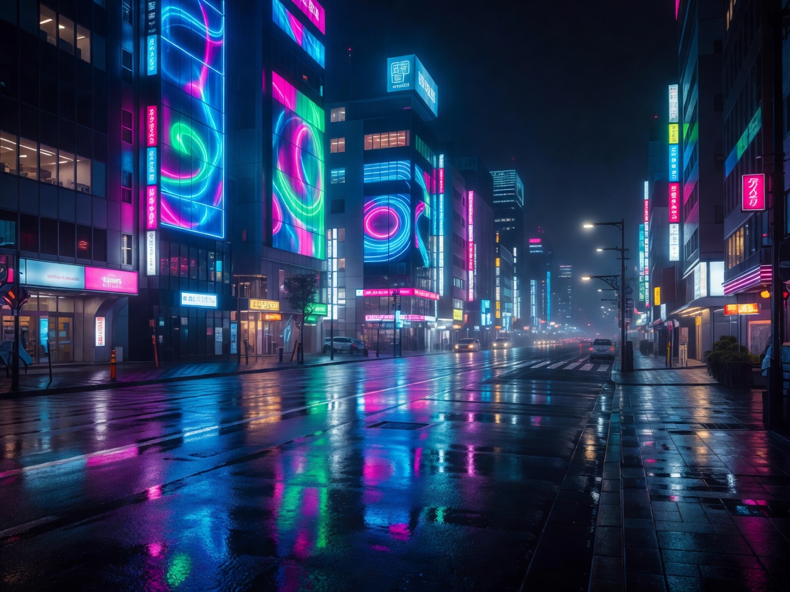 Rainy street lights in neon lit Tokyo alley