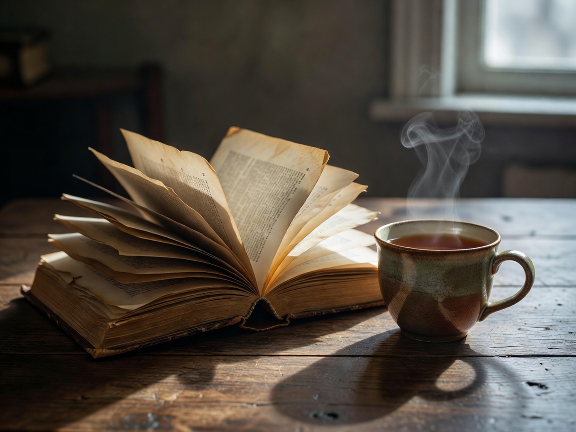 Open antique book next to a steaming cup of tea
