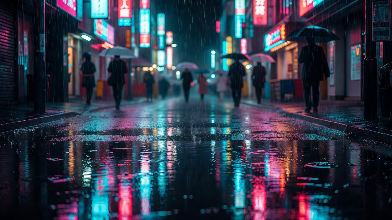 Rain falling on Tokyo neon street at night with reflections