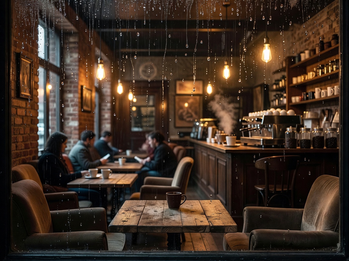 Raindrops on glass looking onto a cozy coffee house