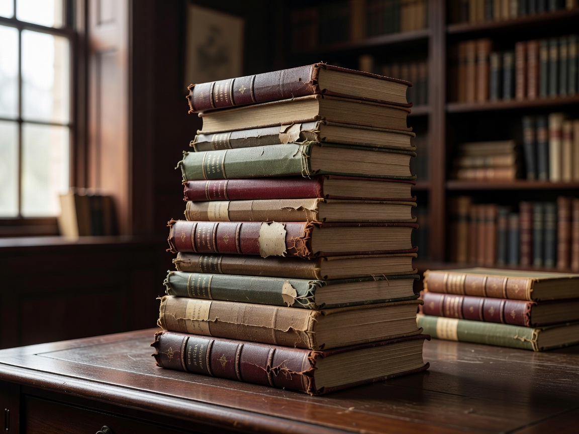 Stack of classic vintage books on dark oak table