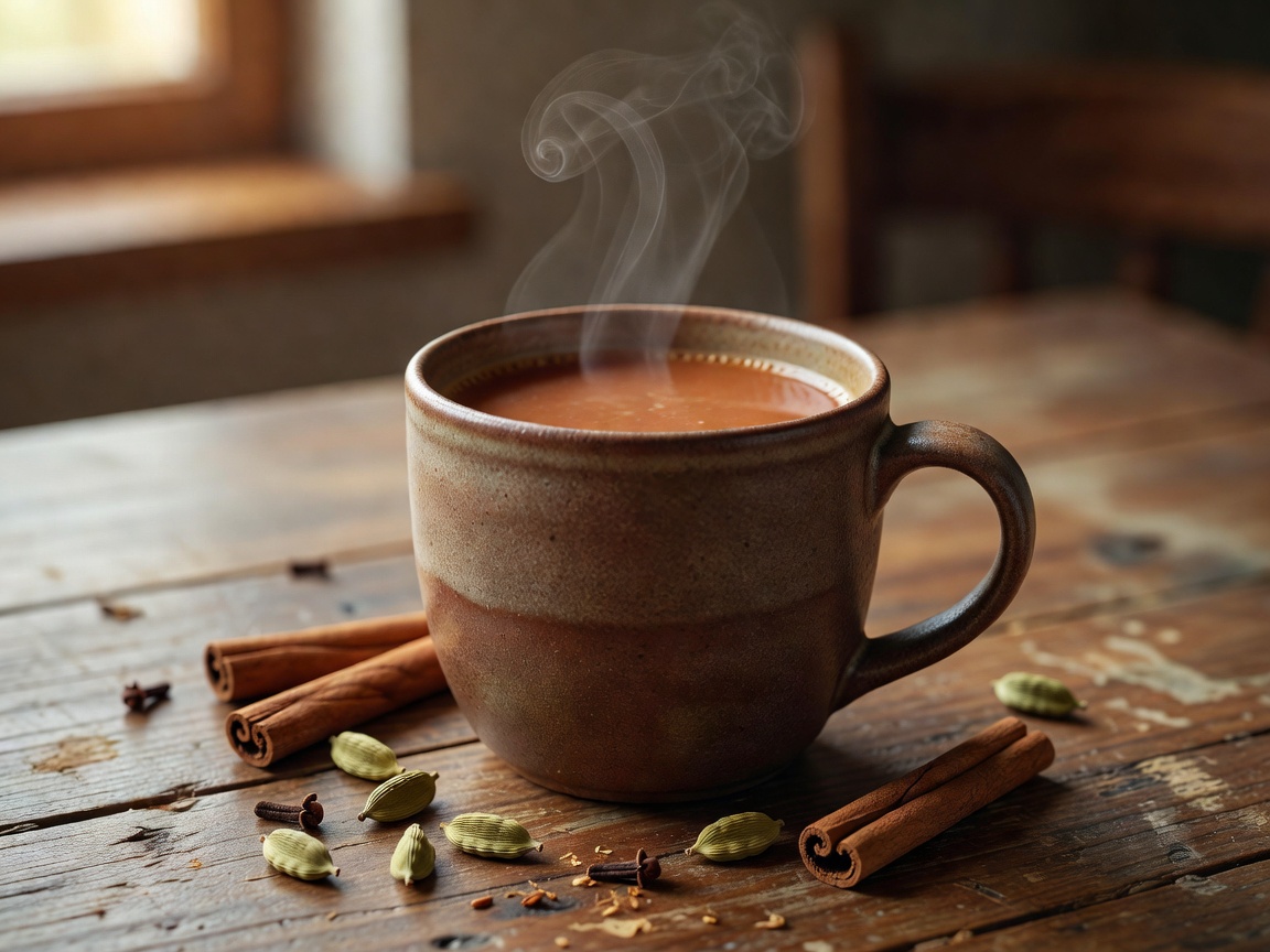 Steaming cup of spiced chai tea on wooden table