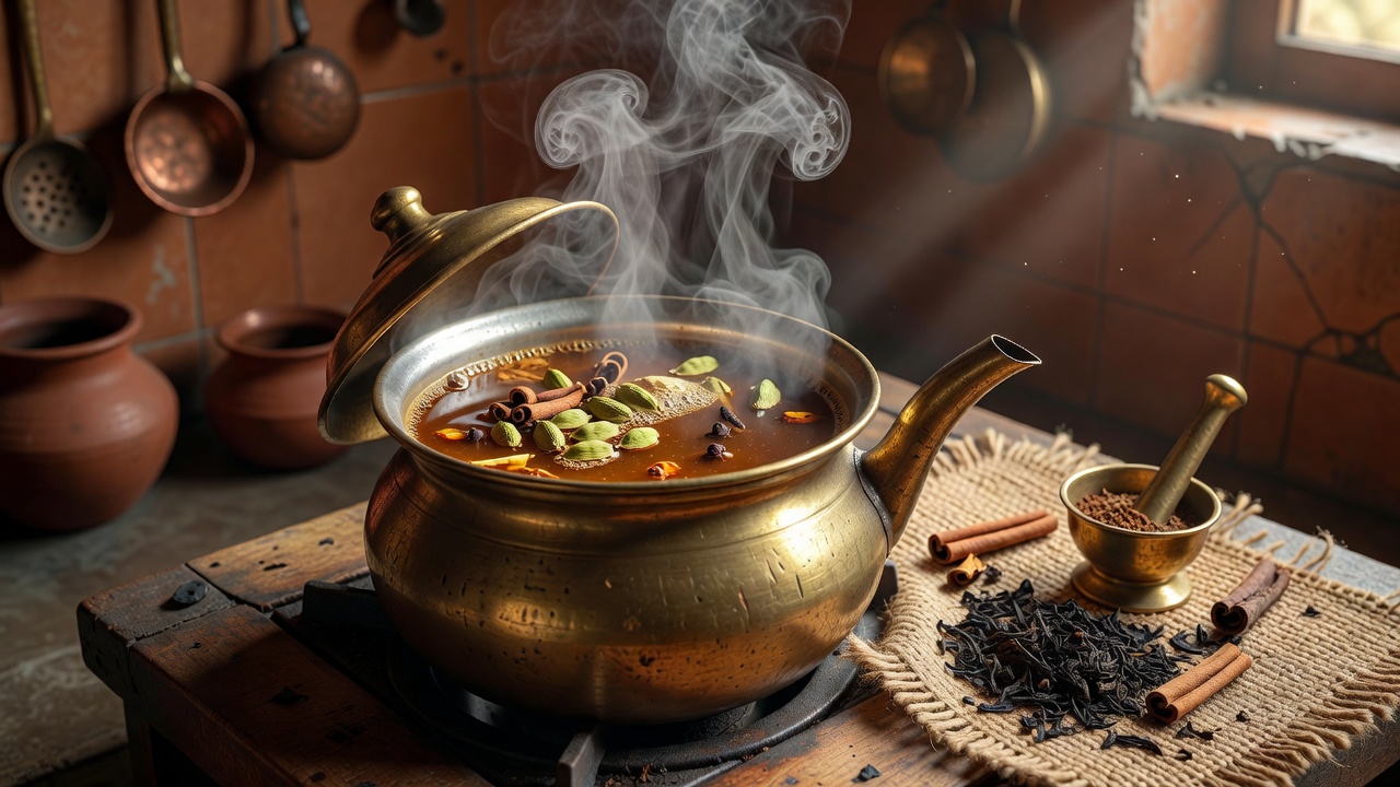 Steaming pot of authentic spiced masala chai