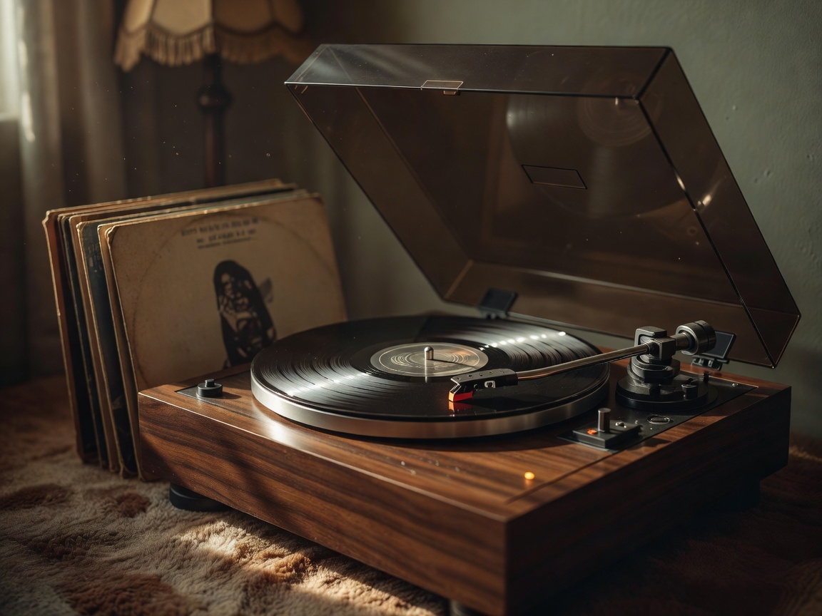 Vintage vinyl record player spinning music