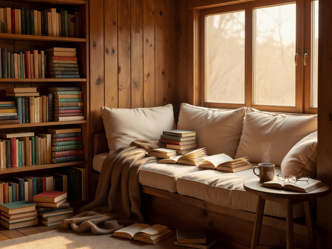 Warm wooden reading nook with pile of books